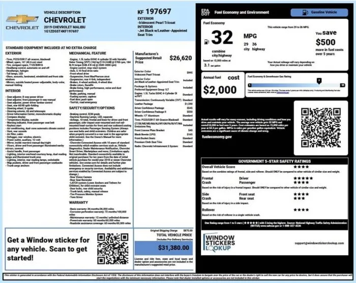 Chevrolet Window Sticker Sample