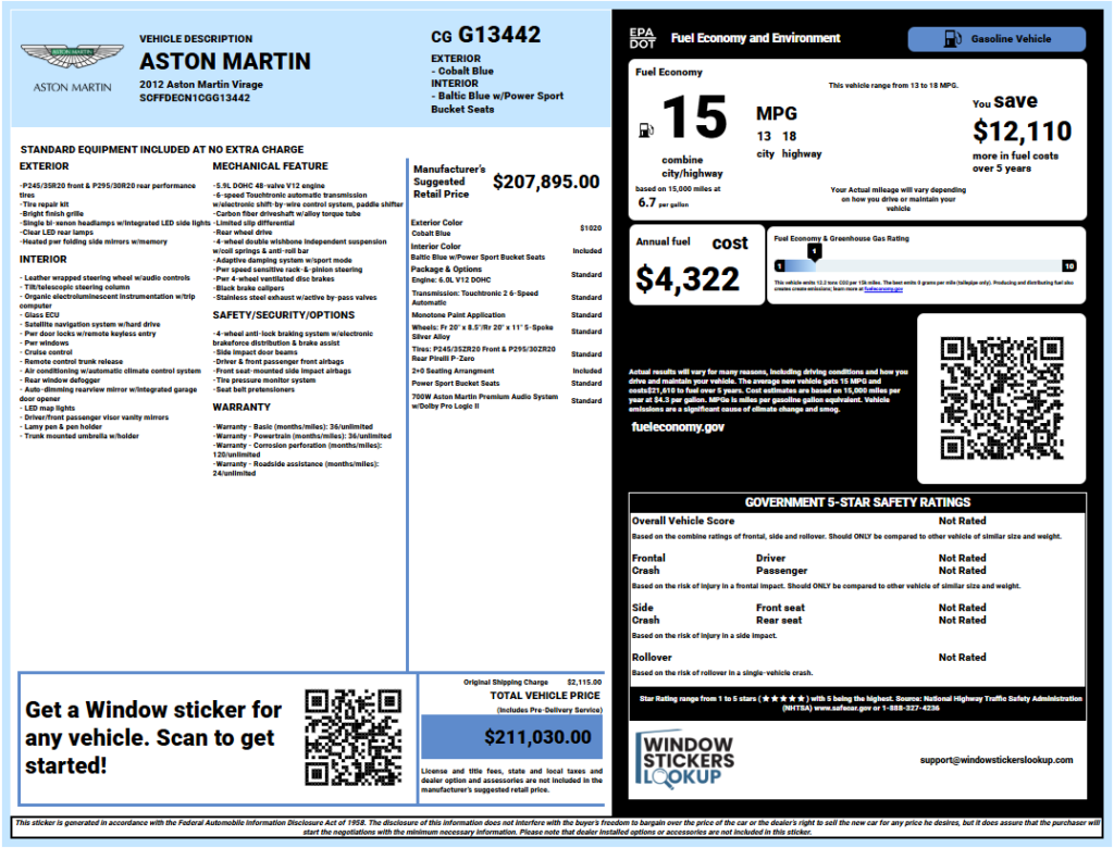 sample 1 window sticker 2012 aston martin virage scffdecn1cgg13442